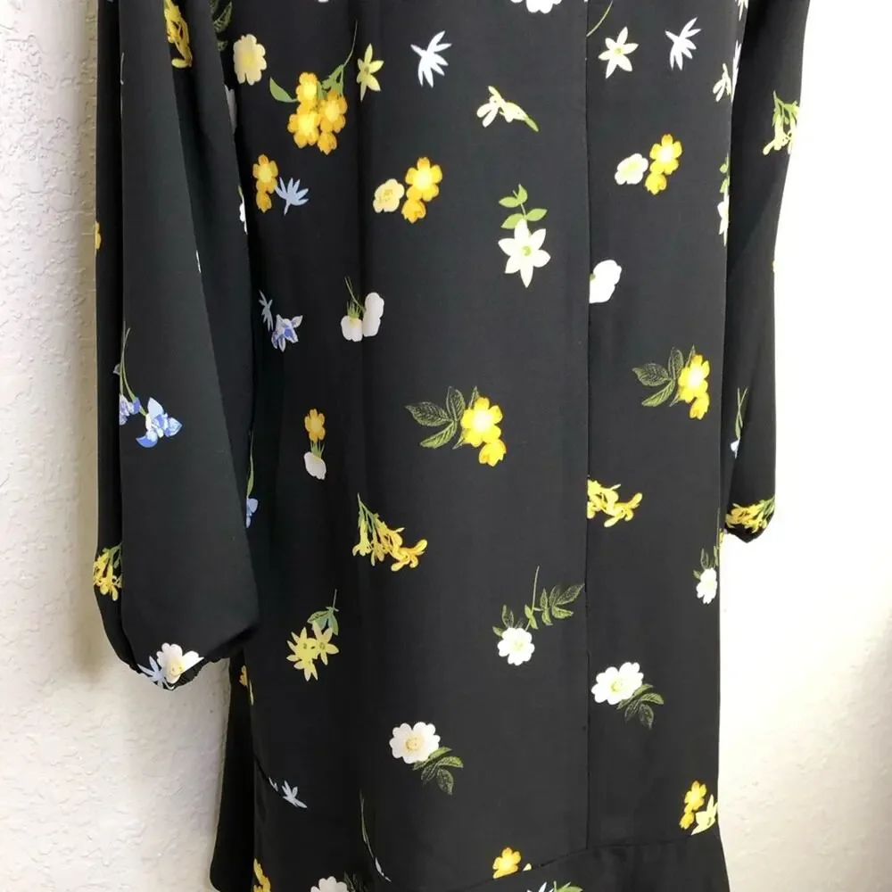 Ann Taylor Factory black yellow white floral long sleeve dress size Medium